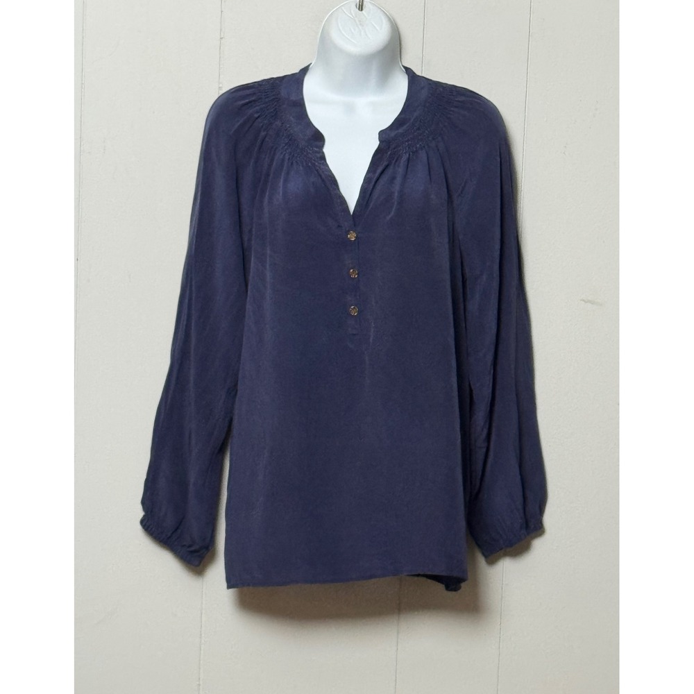 Lilly Pulitzer Women's Elsa Top Navy Blue 100% Silk Smocked Blouse Size Medium